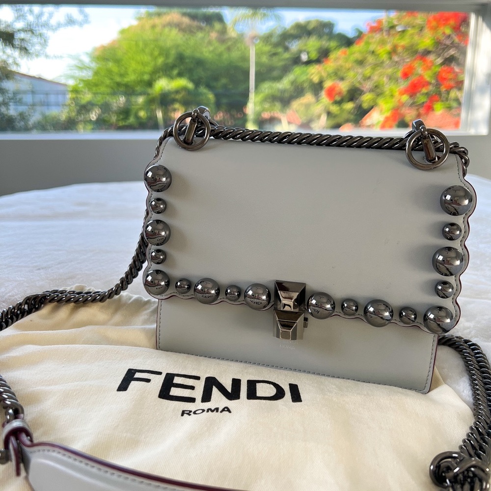 Authentic Fendi Small Studded Kan I Crossbody Bag in Scalloped Grey Leather